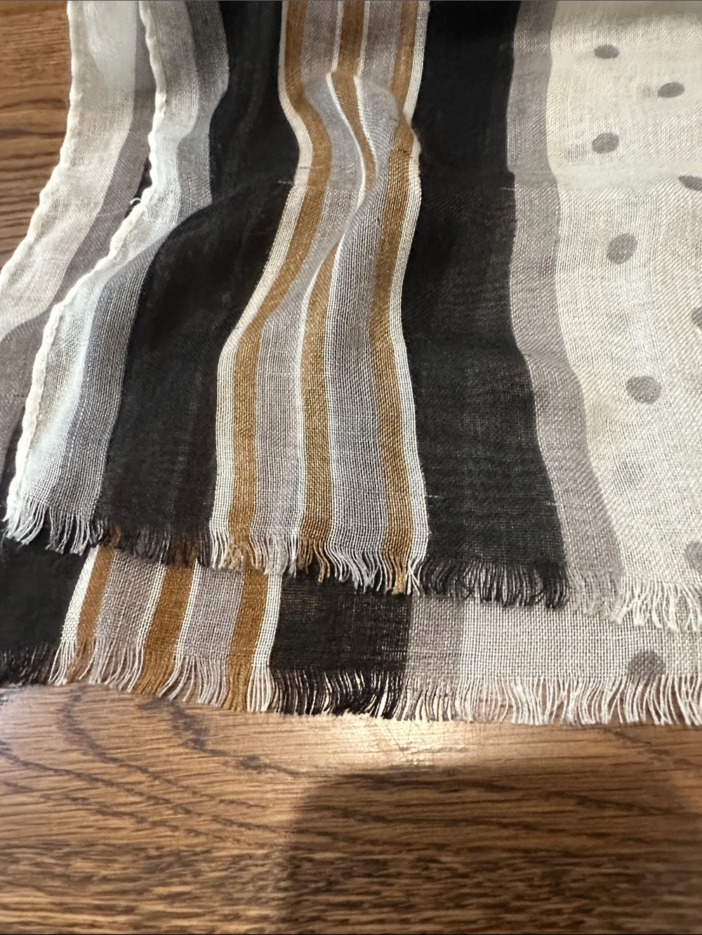 Light Polka Dot & Stripe Scarf in White, Black, and Tan - Picture 4 of 8